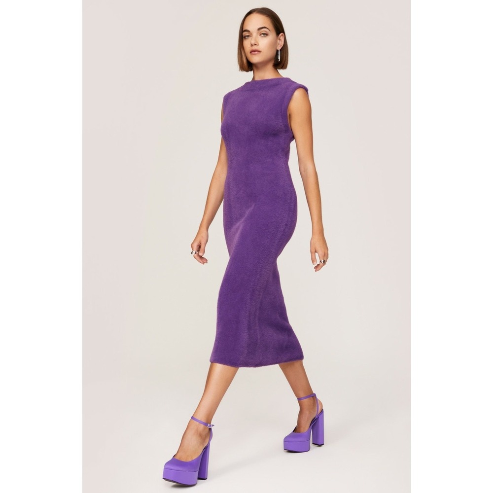 Simon Miller Runa Fur Dress Midi Bodycon Purple Crew Neck Sleeveless Sz XS